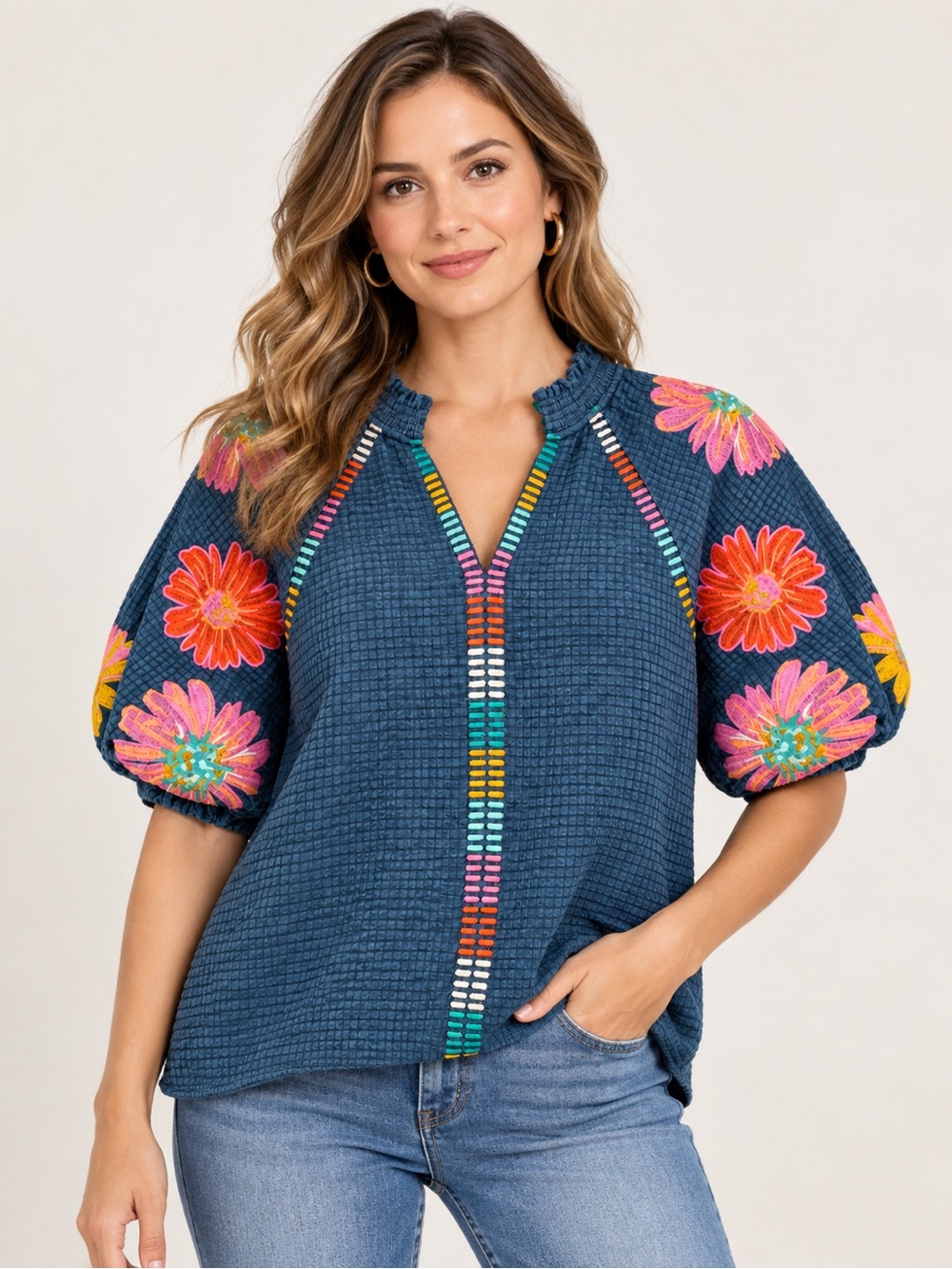 THML Embroidered Floral Textured Blouse - Puff Sleeve